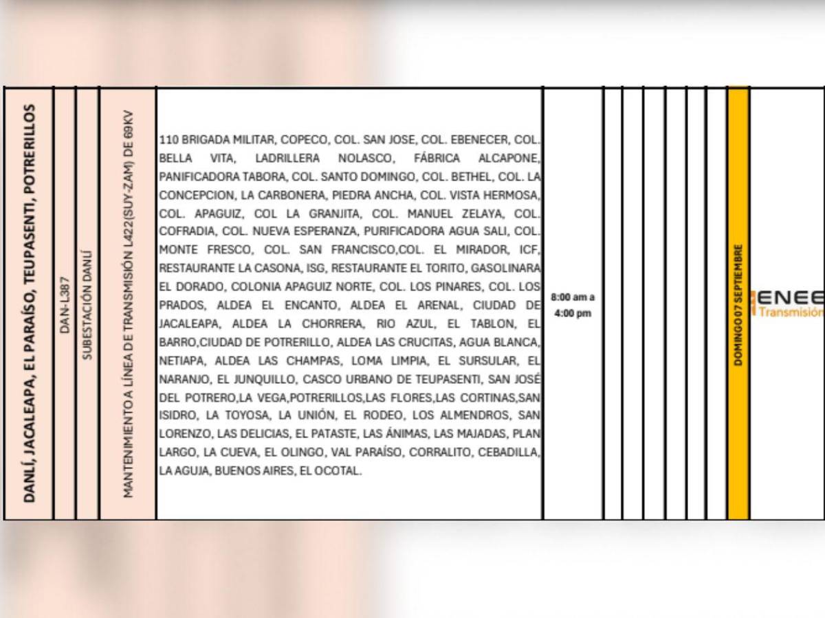 Domingo sin luz: Estas zonas de Honduras no tendrán energía este 7 de septiembre