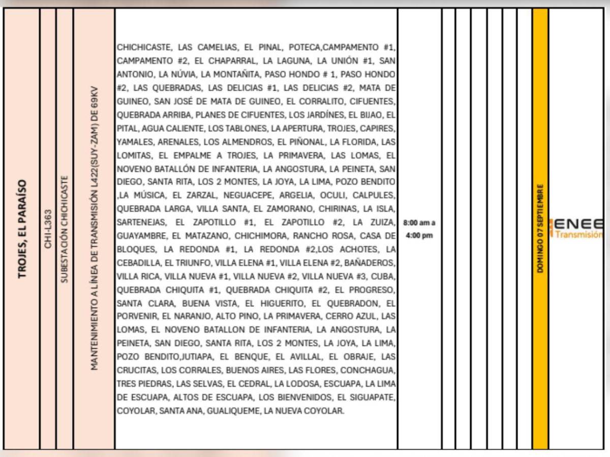 Domingo sin luz: Estas zonas de Honduras no tendrán energía este 7 de septiembre