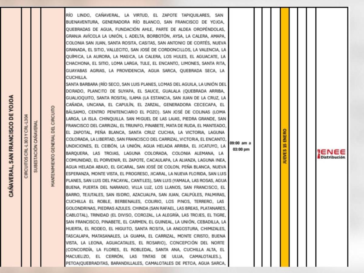 Zonas de SPS, Tegucigalpa y otros sitios de Honduras que no tendrán luz este 15 de enero