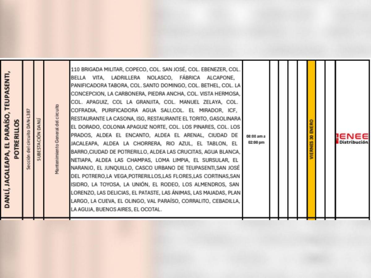 Barrios y colonias de Honduras que estarán sin luz este viernes 30 de enero