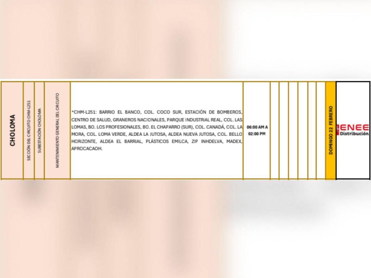 Masivas zonas de este municipio de Cortés no tendrá luz este domingo 22 de febrero