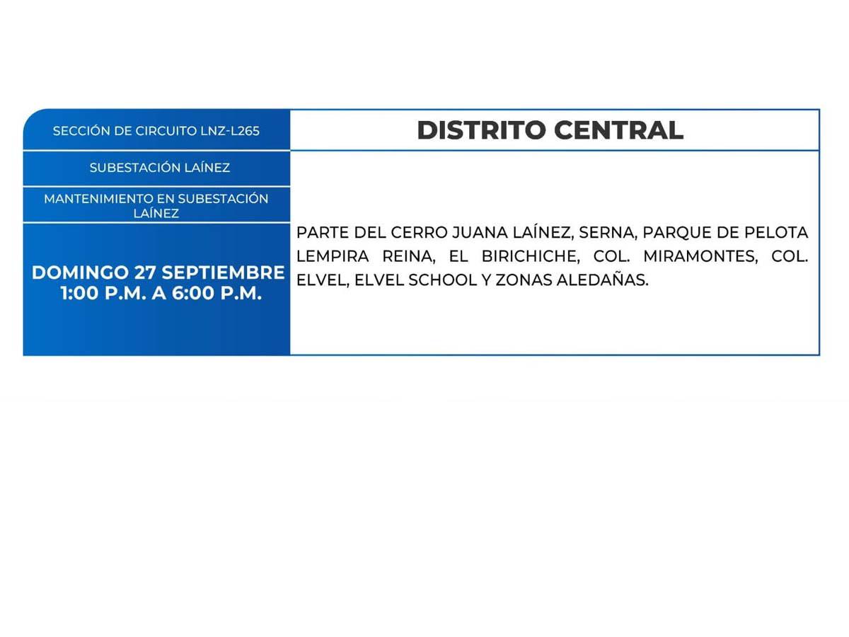 Cortes de energía de este domingo 27 de septiembre en San Pedro Sula y Tegucigalpa