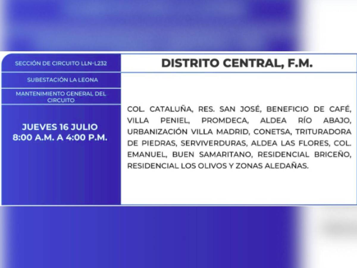 Estas zonas de Tegucigalpa y SPS no tendrán energía este jueves 16 de julio
