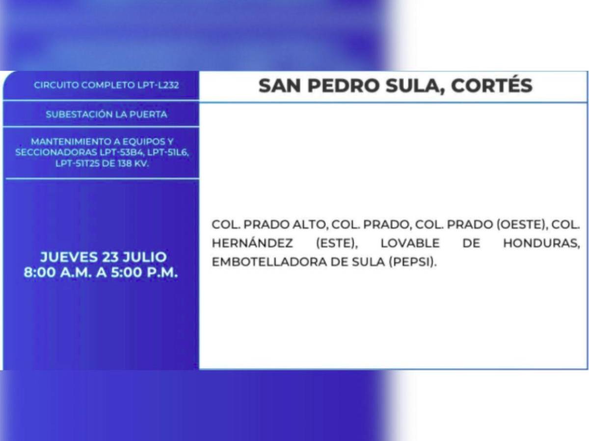 Estas zonas de Tegucigalpa y SPS no tendrán energía este jueves 23 de julio