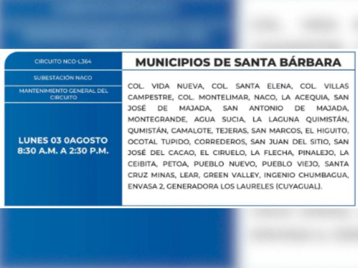 Estas zonas de San Pedro Sula y Santa Bárbara no tendrán luz este lunes 3 de agosto