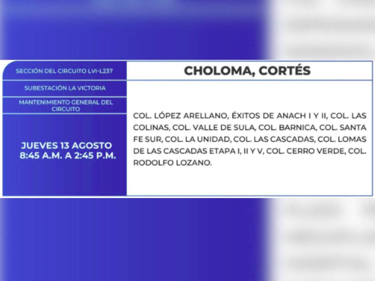 Más de 100 zonas de Honduras no tendrán luz por ocho horas este jueves 13 de agosto