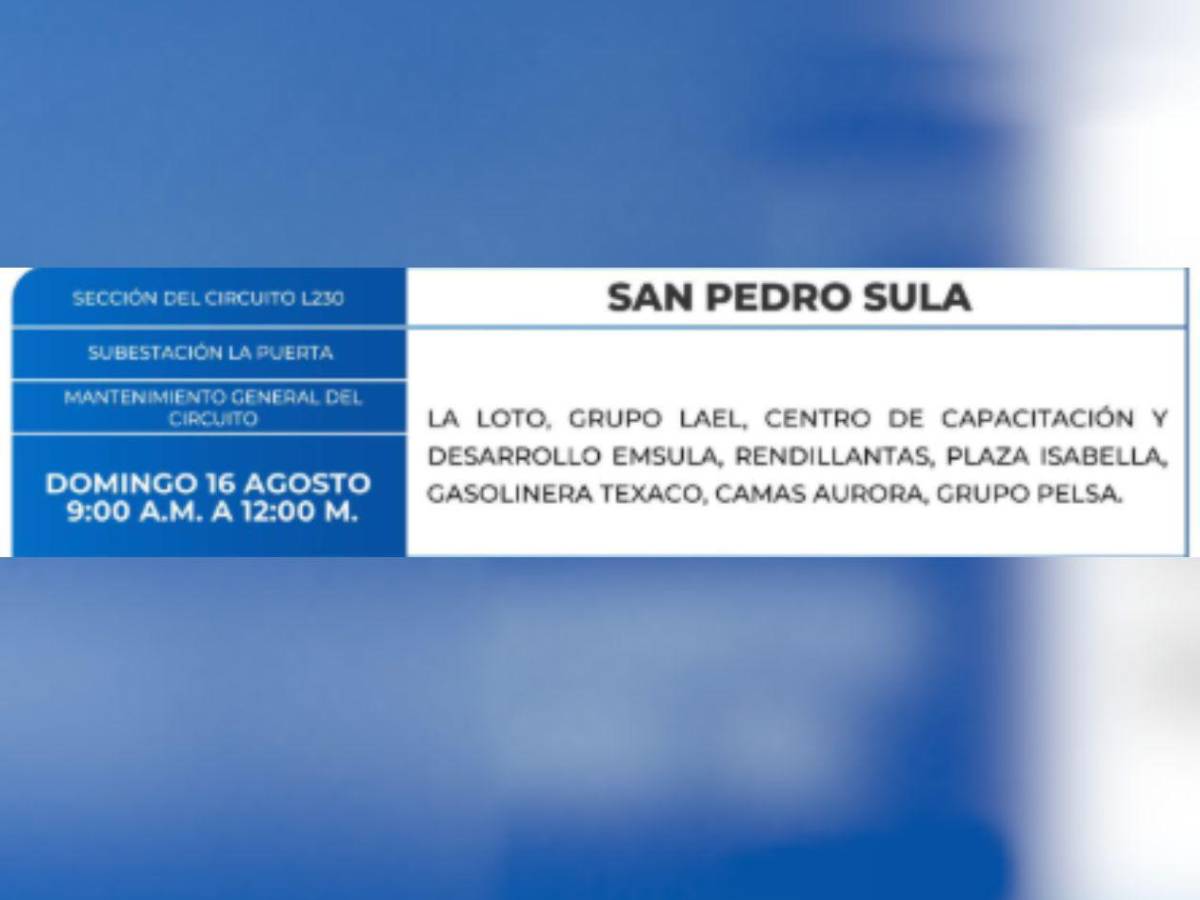 Zonas de SPS y Choluteca que no tendrán energía este domingo 16 de agosto