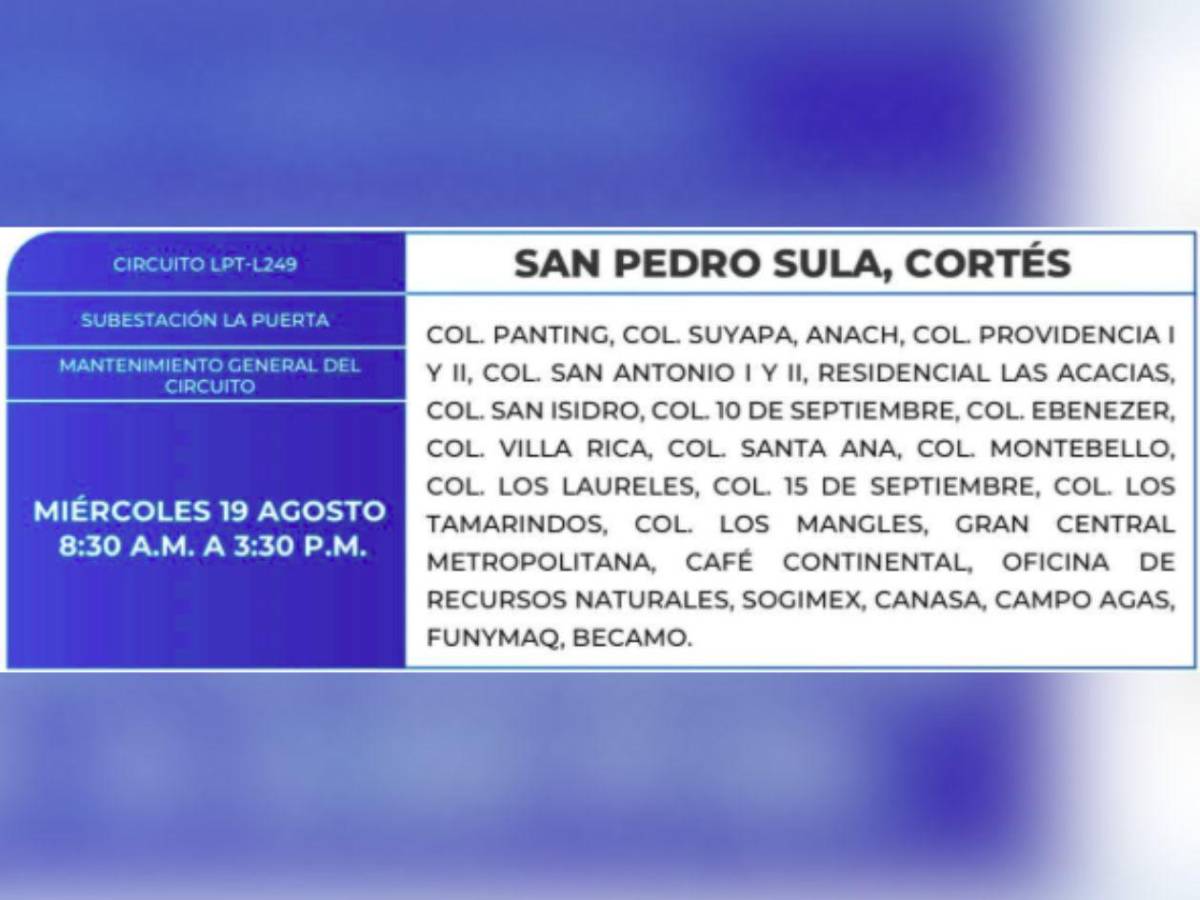 Estos barrios y colonias de Honduras no tendrán luz este miércoles 19 de agosto