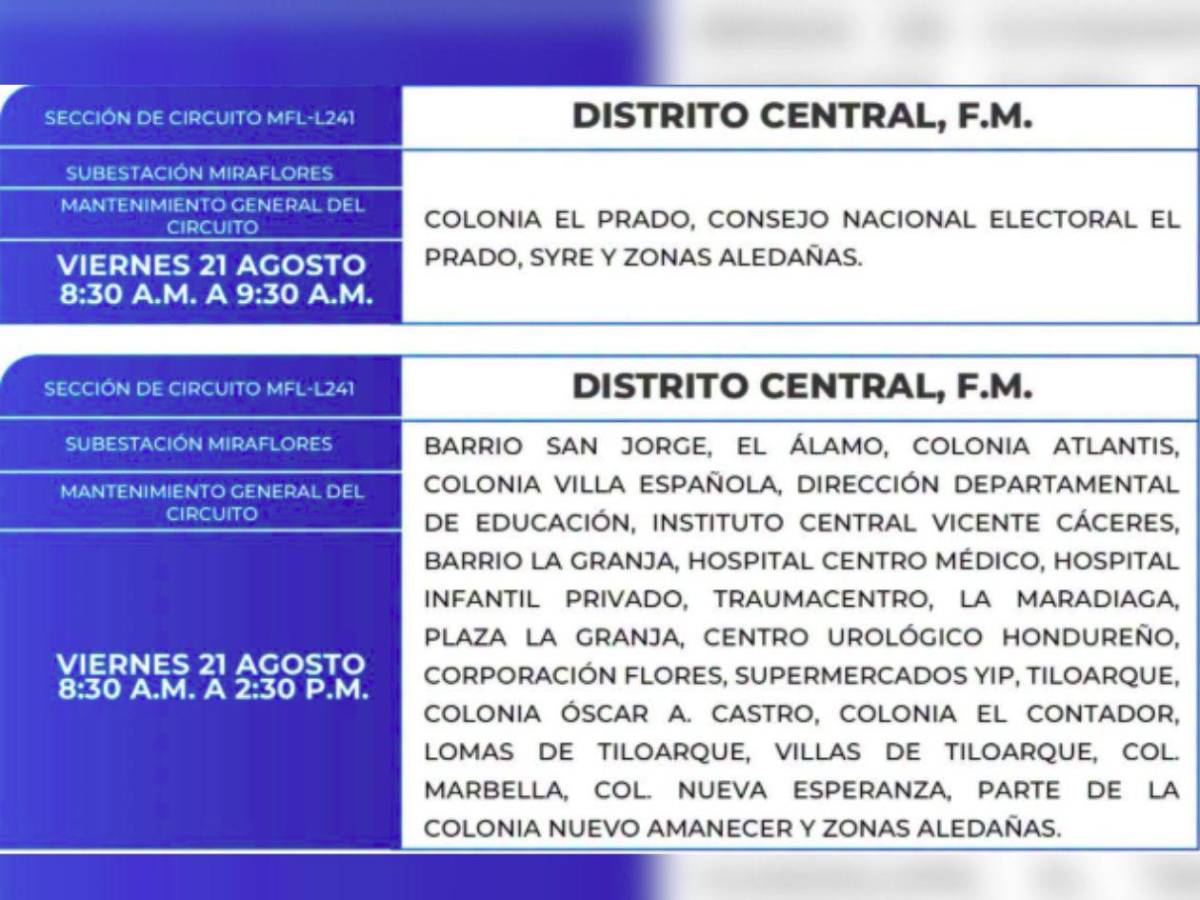 Más de 50 zonas de Honduras no tendrán energía este viernes 21 de agosto