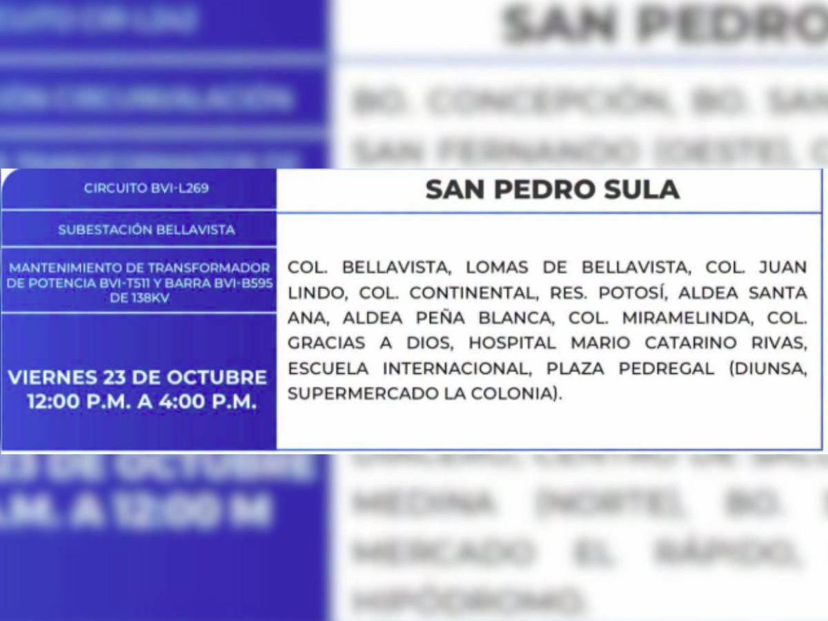 Estas zonas de SPS y el Distrito Central no tendrán energía este viernes 23 de octubre