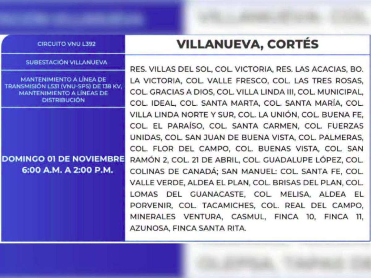 ¡Domingo sin luz! Extensa lista de zonas de Honduras no tendrán energía este 1 de noviembre