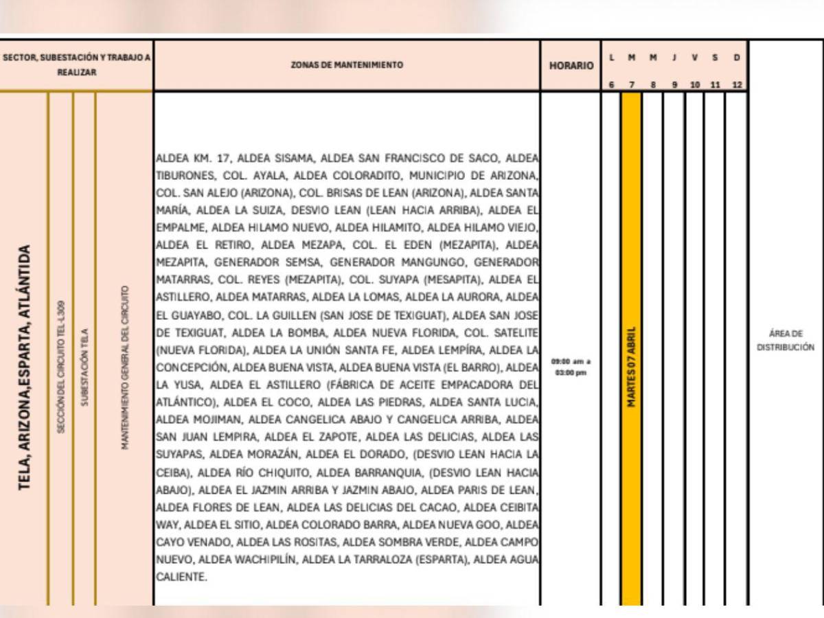 Más de 50 sectores de Honduras estarán sin luz este martes 7 de abril