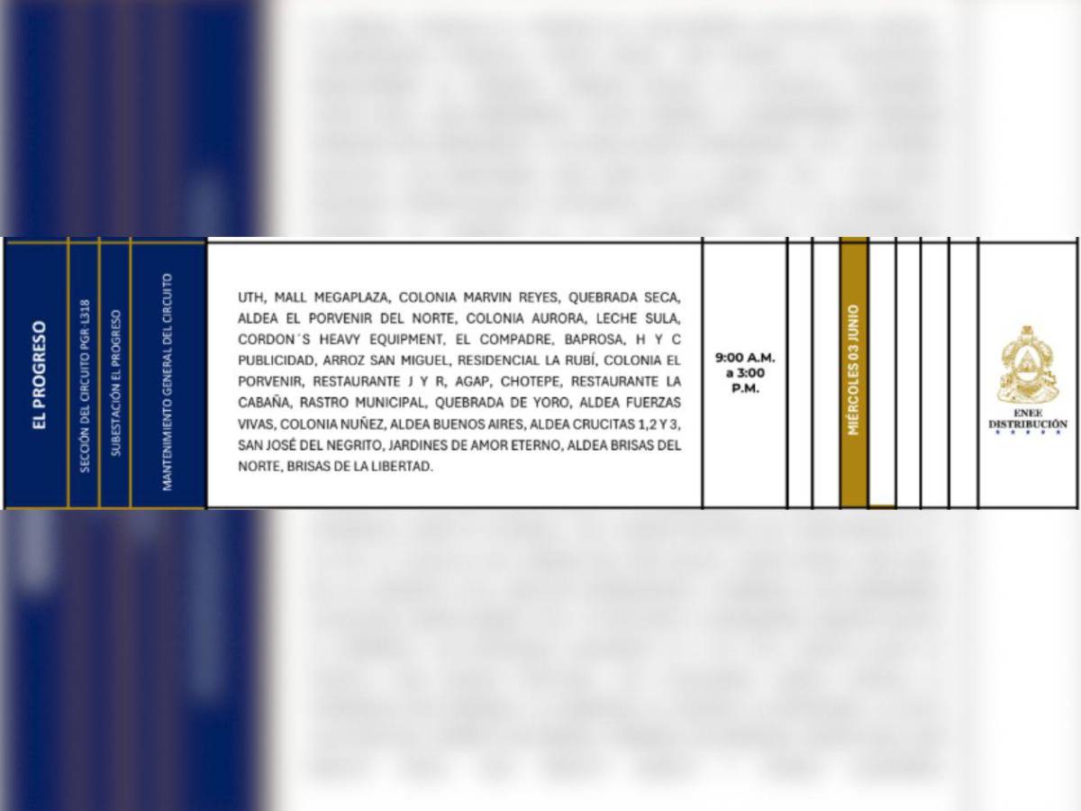 Ocho horas sin luz estarán estas zonas de Honduras este miércoles 3 de junio