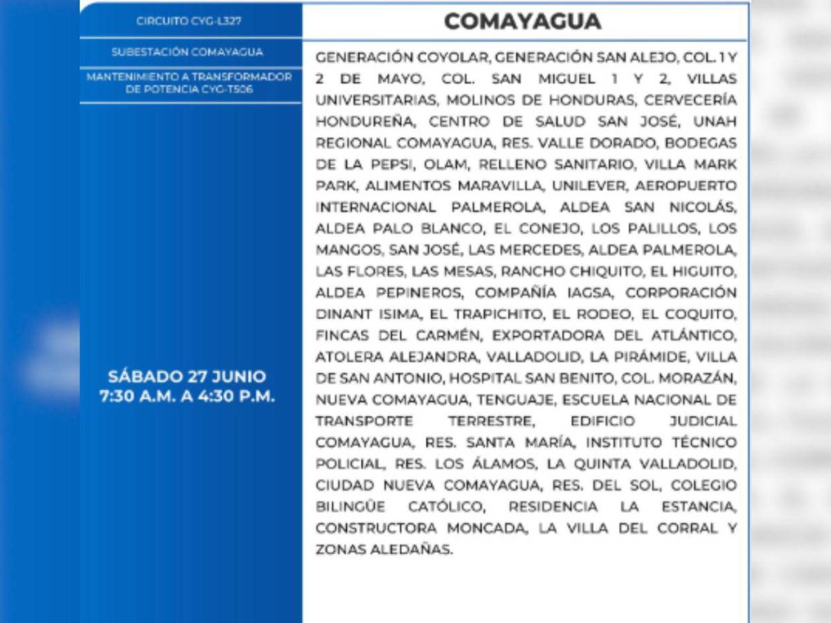 Nueve horas sin luz estarán estas zonas de Honduras este sábado 27 de junio