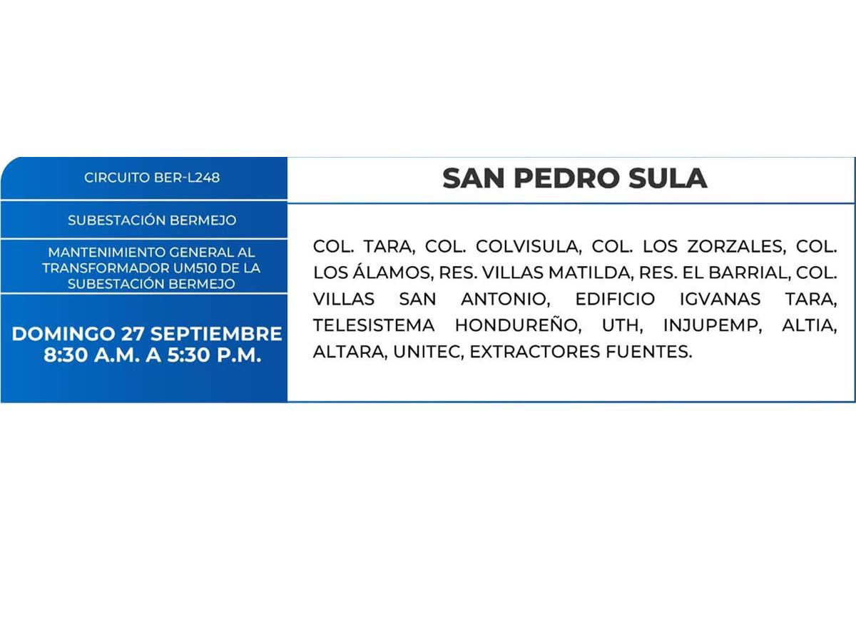Cortes de energía de este domingo 27 de septiembre en San Pedro Sula y Tegucigalpa