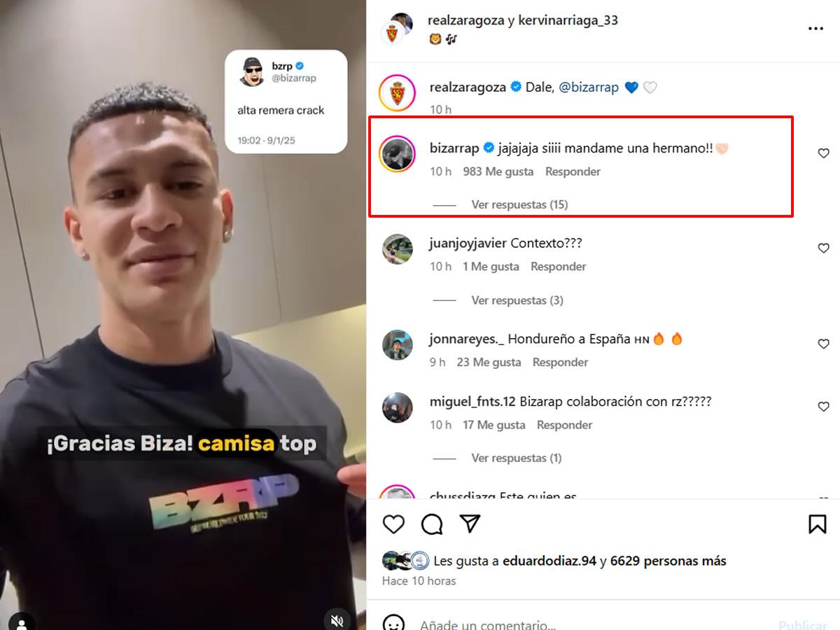 Bizarrap también le mandó un mensaje a Kervin Arriaga en el Instagram del Zaragoza.