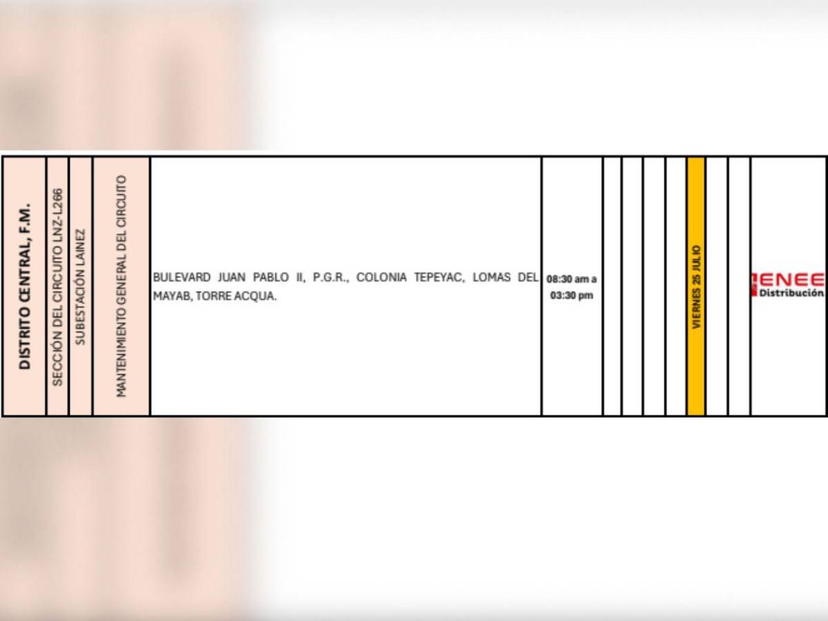 Cortes de energía eléctrica en SPS y Tegucigalpa este viernes 25 de julio