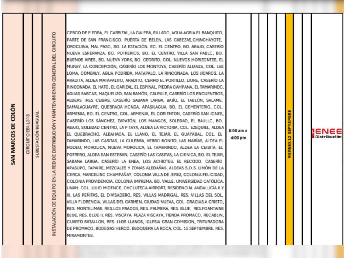 Cortes de luz en varias zonas de Honduras este viernes 12 de septiembre