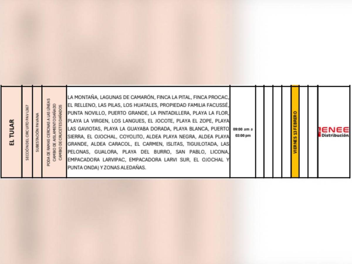 Estas zonas de Honduras no tendrá luz este viernes 13 de febrero