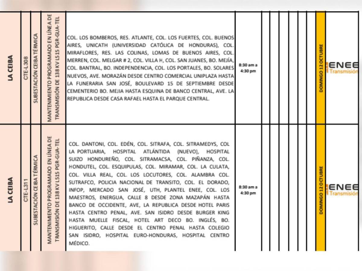 Extensa lista de colonias no tendrán luz este domingo 12 de octubre