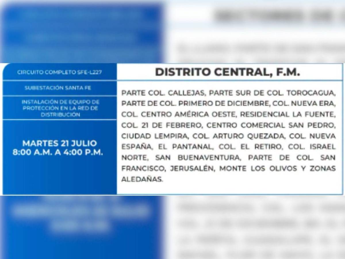 Dormirán sin luz en más de 50 zonas de Honduras este martes 21 de julio