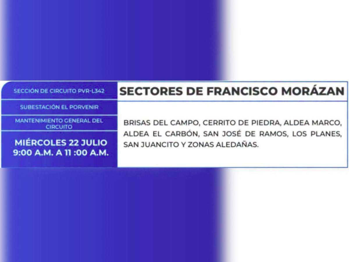 Estas zonas de Honduras no tendrán energía este miércoles 22 de julio