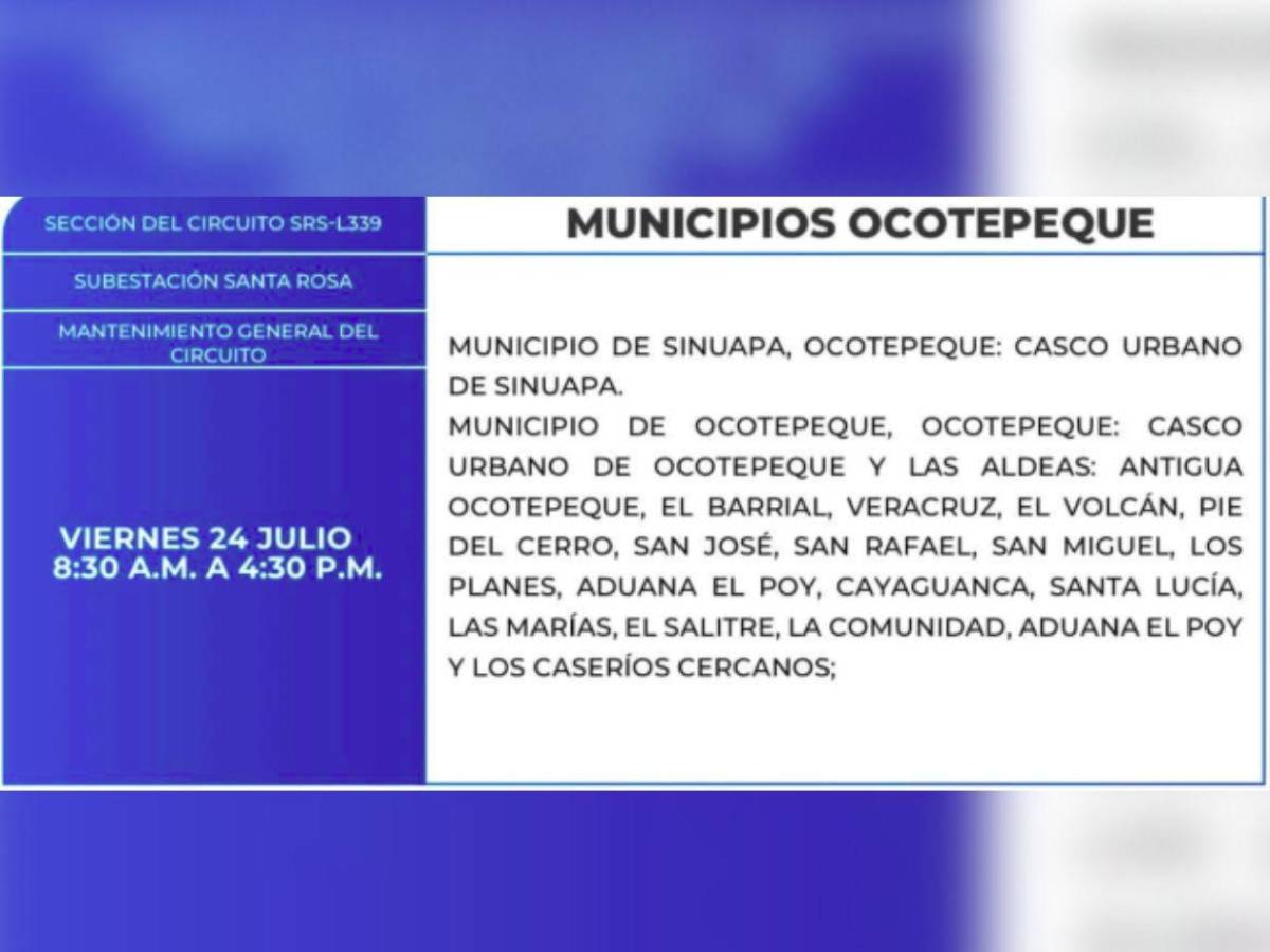Ocho horas sin luz estarán estas zonas de Honduras este viernes 24 de julio