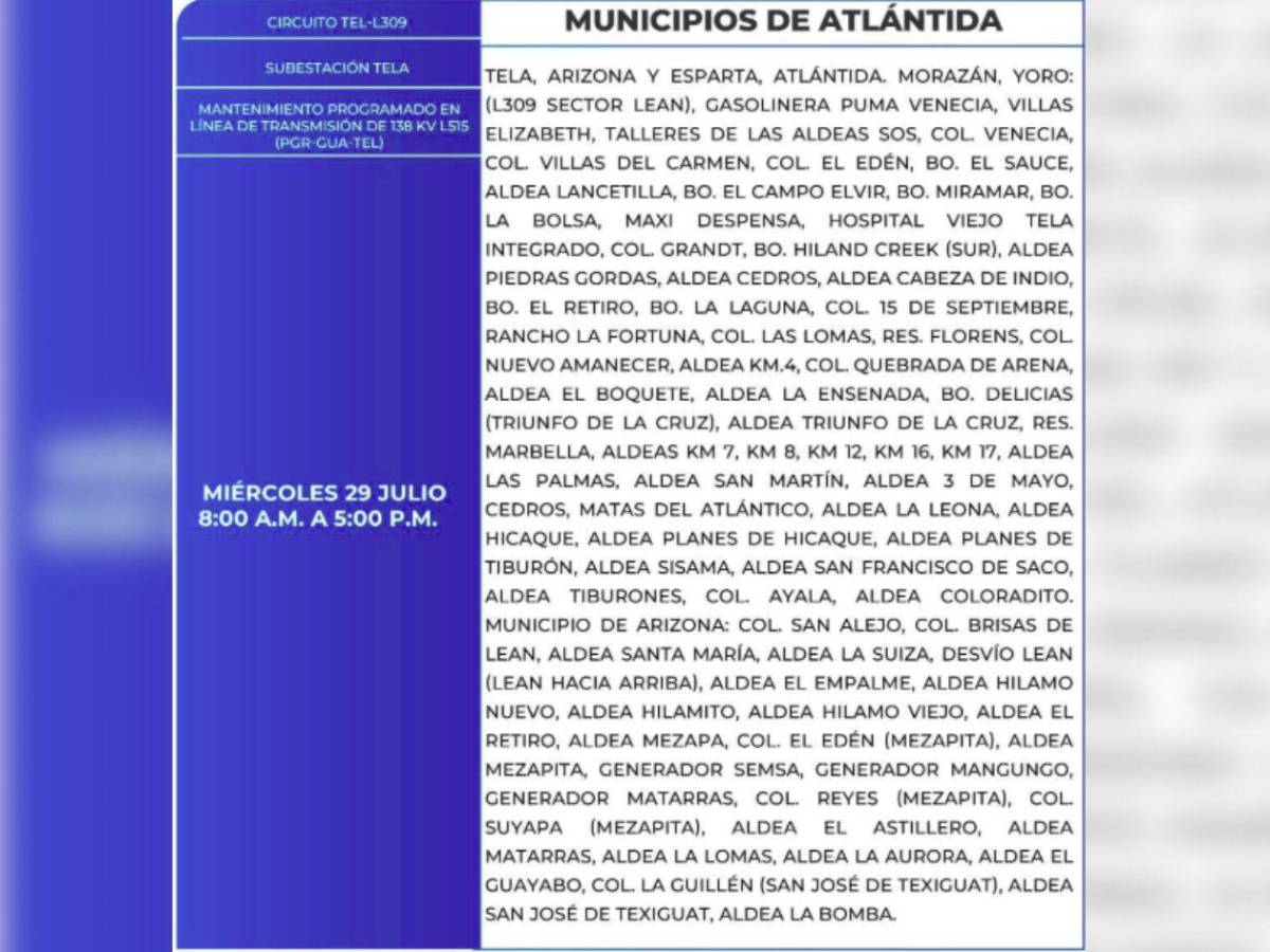 Diez horas sin luz estarán estas zonas de Honduras este miércoles 29 de julio