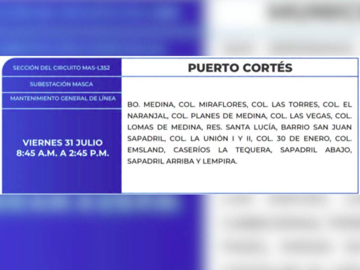 Estas zonas de Honduras no tendrán energía este viernes 31 de julio