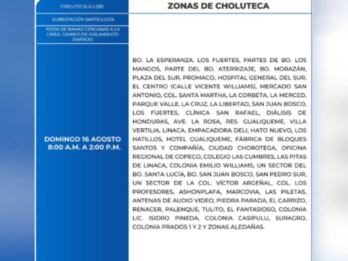 Zonas de SPS y Choluteca que no tendrán energía este domingo 16 de agosto