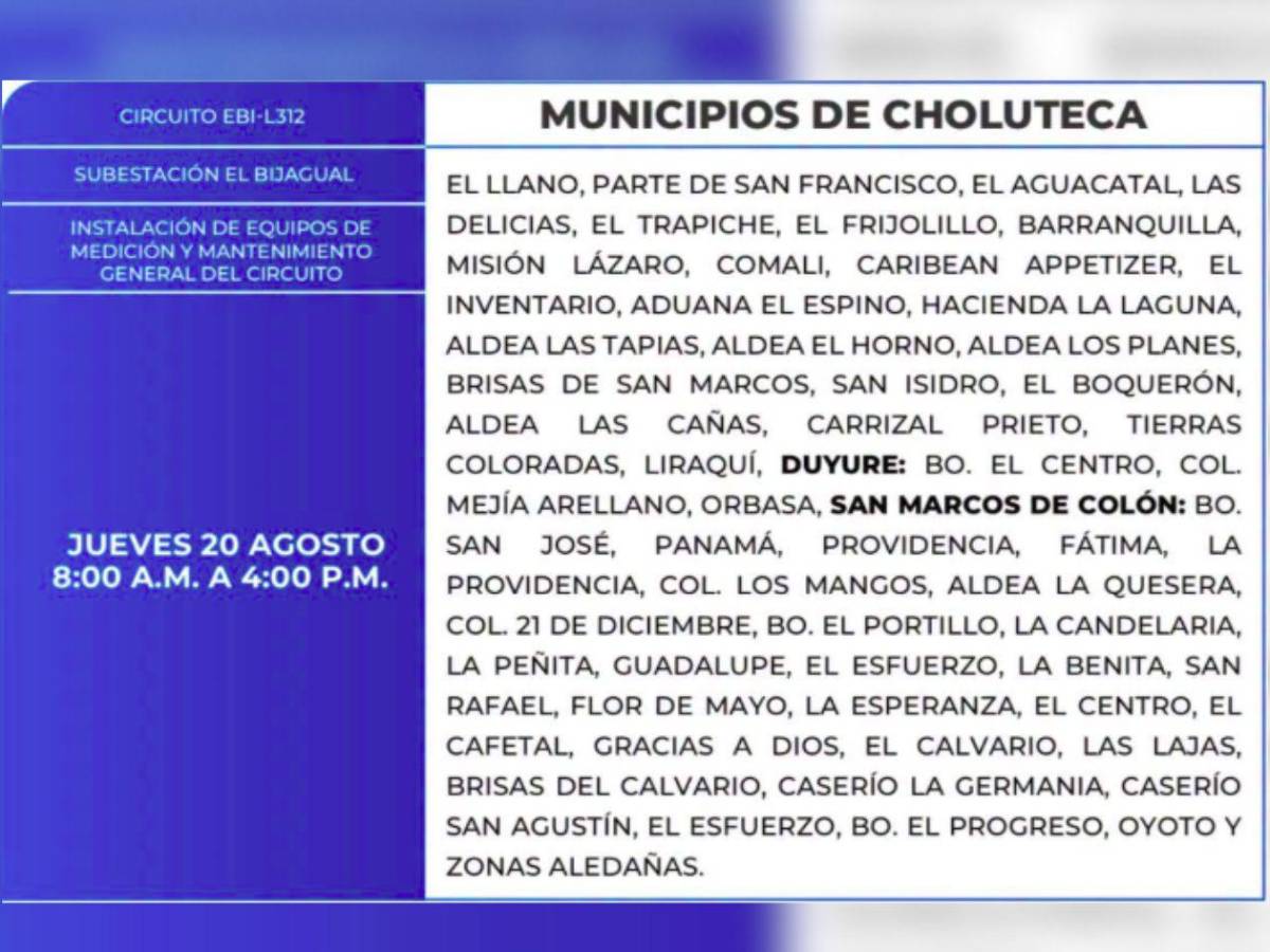 Ocho horas sin luz estarán más de 50 zonas de Honduras este jueves 20 de agosto