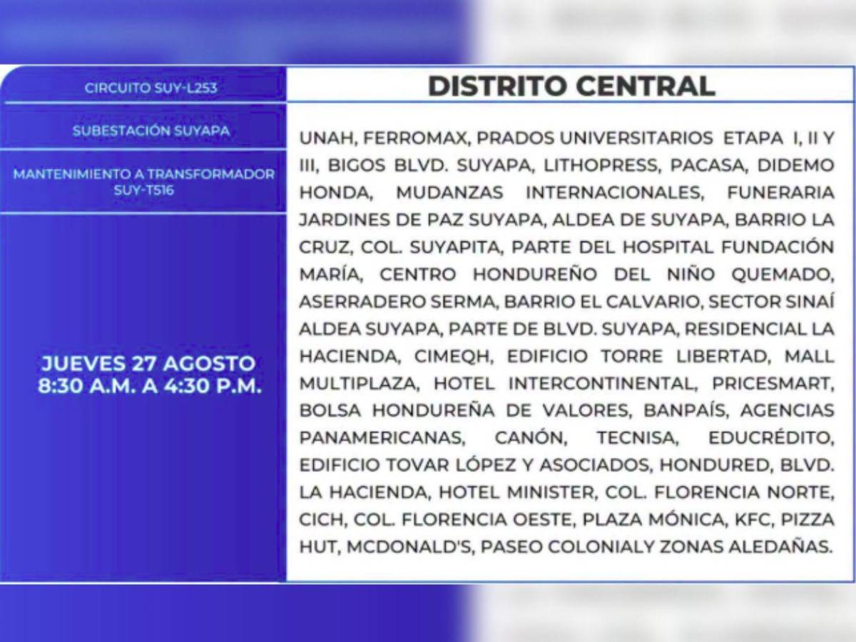 Estas zonas de Tegucigalpa y SPS no tendrán luz este jueves 27 de agosto