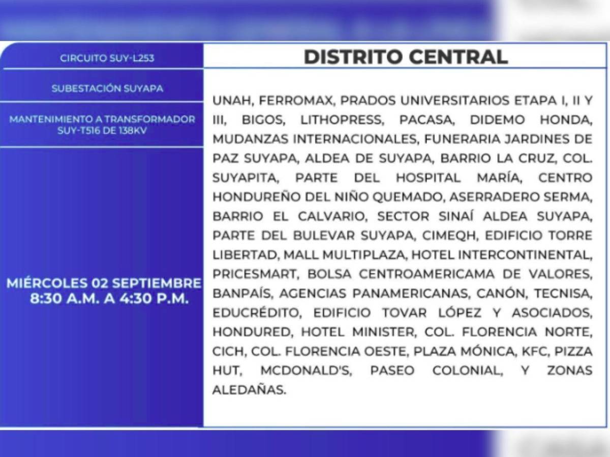 Amplios cortes de luz en estas zonas de Honduras este miércoles 2 de septiembre