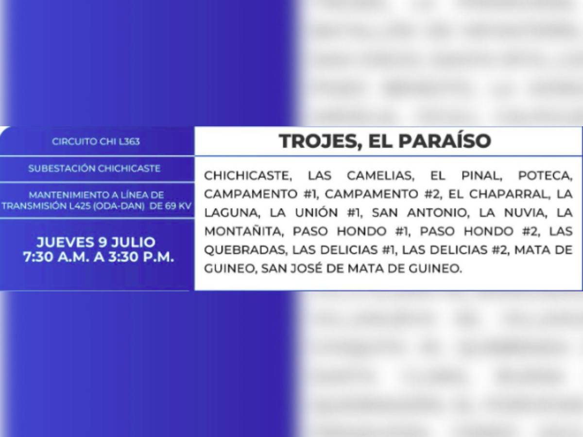Ocho horas sin luz estarán estas zonas en Honduras este jueves 9 de julio