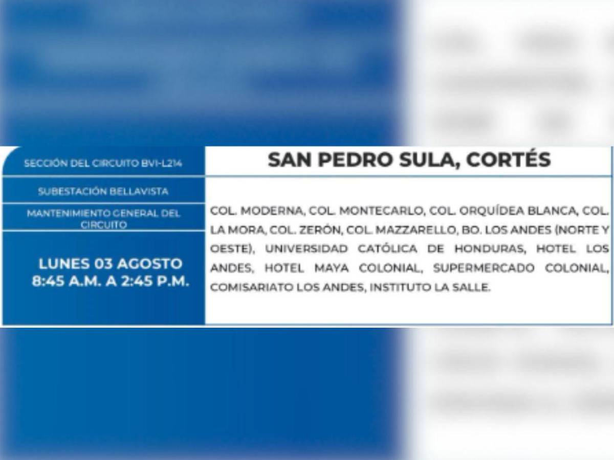 Estas zonas de San Pedro Sula y Santa Bárbara no tendrán luz este lunes 3 de agosto