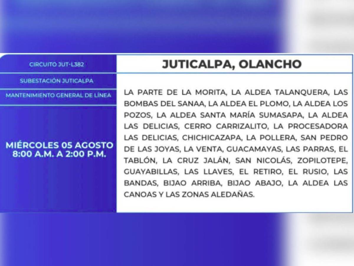 Estos barrios y colonias de Honduras no tendrán energía este miércoles 5 de agosto