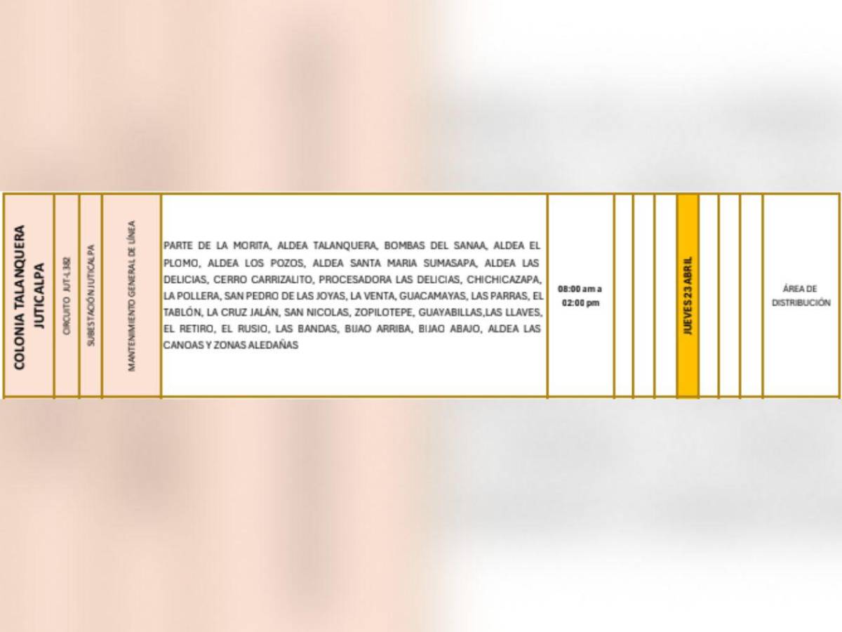 Zonas de Honduras que no tendrán luz este jueves 23 de abril