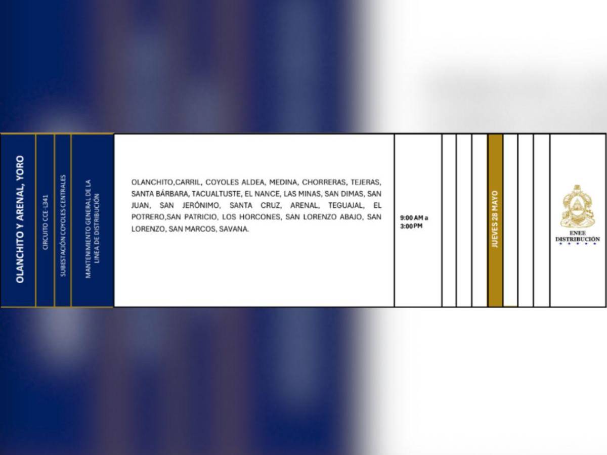 Estas zonas de Honduras no tendrán luz este jueves 28 de mayo