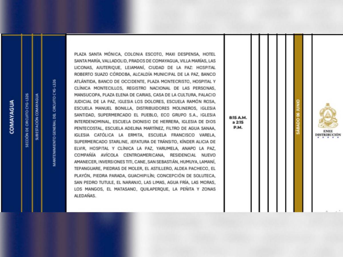 Sábado sin luz: Estas zonas de Honduras no contarán con el servicio este 6 de junio
