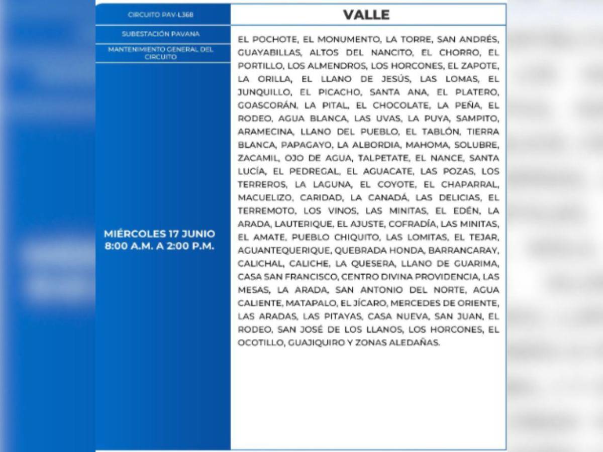 Estas zonas de Honduras no tendrán luz este miércoles 17 de junio