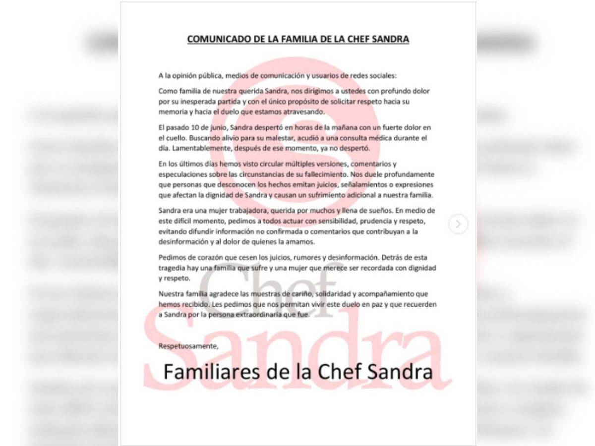 Familia de la chef Sandra Díaz hace petición pública tras su muerte