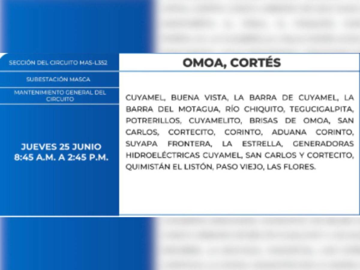 Ocho horas sin luz estarán estas zonas de Honduras este jueves 25 de junio