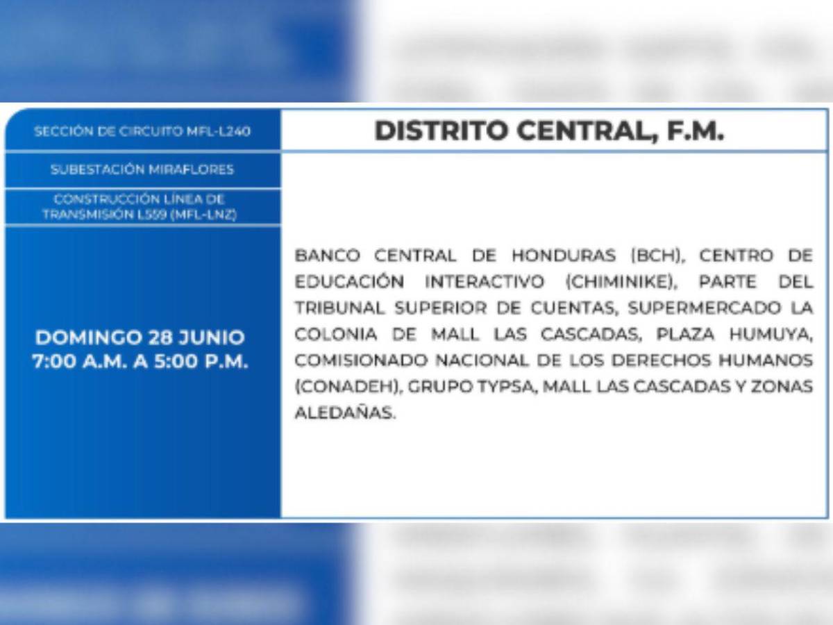 Diez horas sin luz estarán más de 30 ciudades de Honduras este domingo 28 de junio