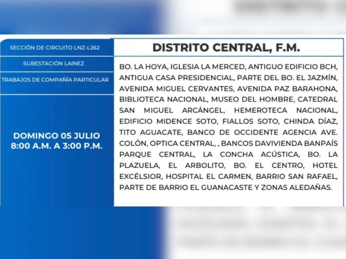 Ocho horas sin luz estarán varias zonas de SPS y el Distrito Central este domingo 5 de julio