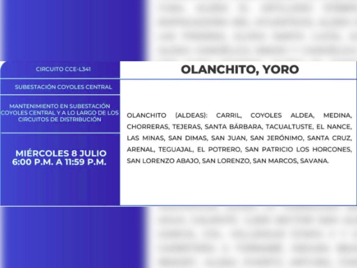 Más de 50 sitios de Honduras estarán sin energía eléctrica este miércoles 8 de julio