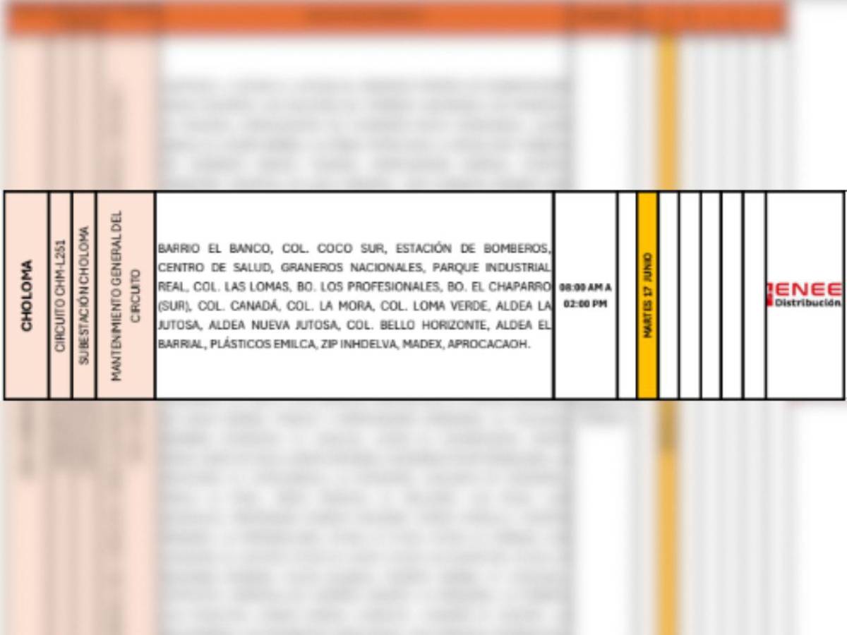 Cortes de luz en SPS, Choloma y otras zonas de Honduras este martes 17 de junio