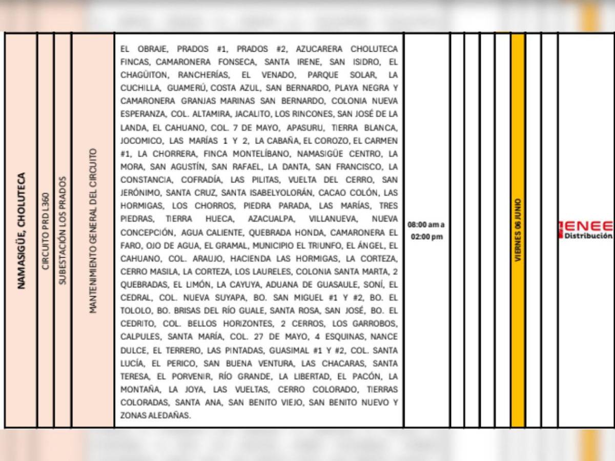 Zonas de Honduras que no tendrán energía eléctrica este viernes 6 de junio