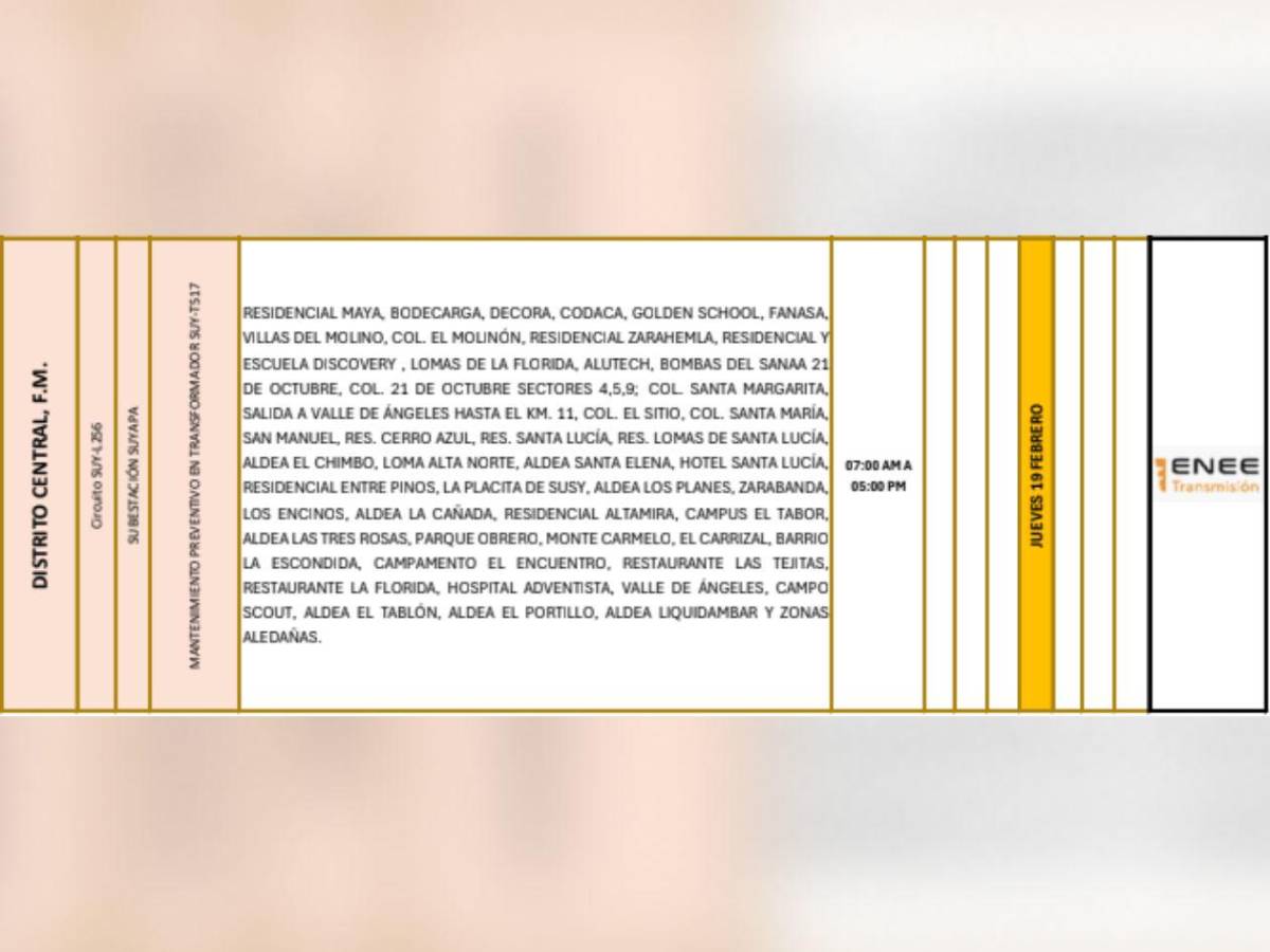 Más de 100 sectores de Honduras no tendrán luz este jueves 19 de febrero