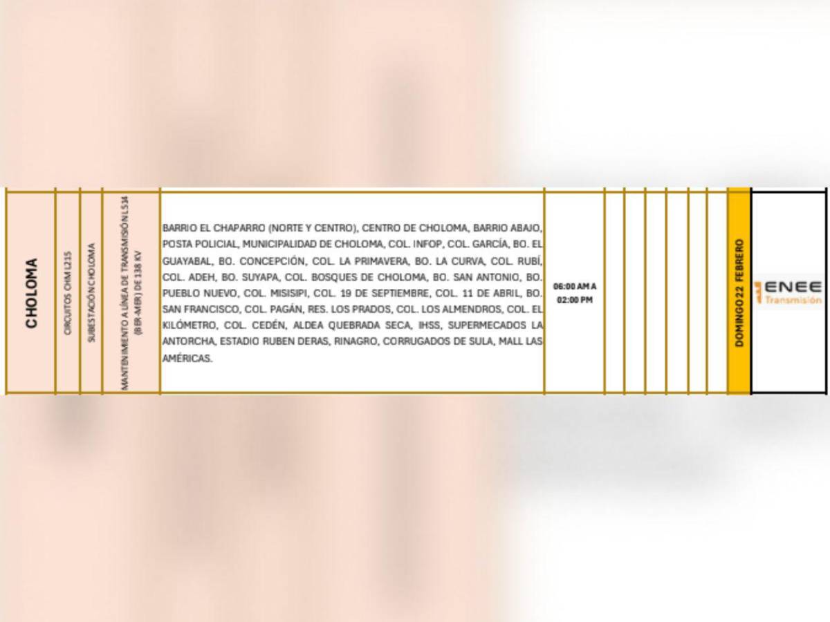 Masivas zonas de este municipio de Cortés no tendrá luz este domingo 22 de febrero