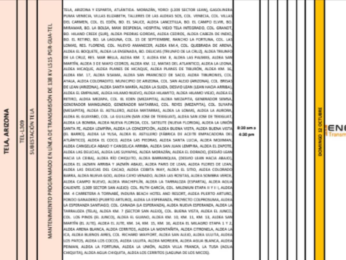Extensa lista de colonias no tendrán luz este domingo 12 de octubre